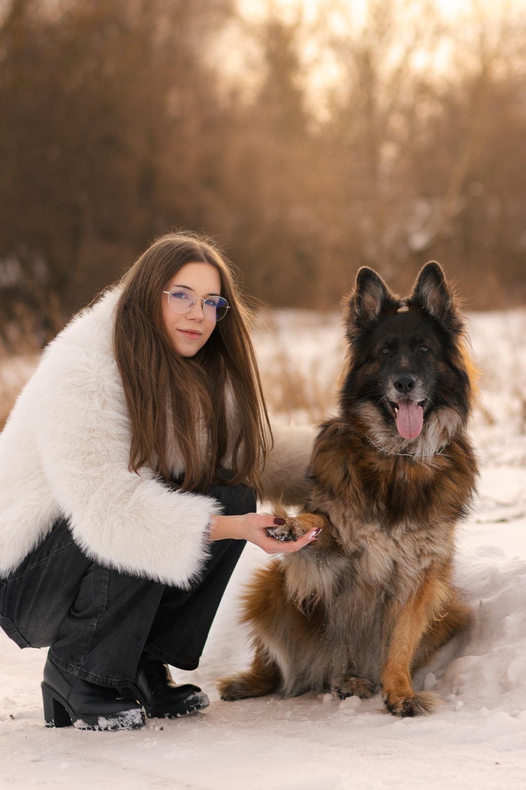 Portret dziewczyny z owczarkiem podczas zimowej sesji